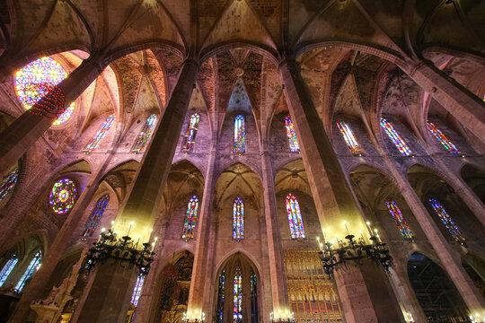 Nave of La Seu, the Cathedral of Santa Maria of Palma de Mallorca in the Balearic Islands (Spain) - Medieval gothic cathedral built next to the Mediterranean Sea