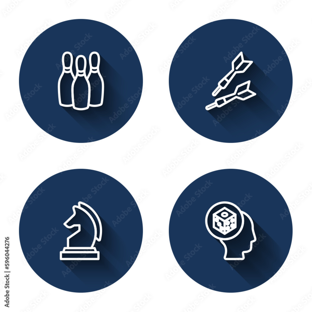 Poster set line bowling pin, dart arrow, chess and game dice with long shadow. blue circle button. vector