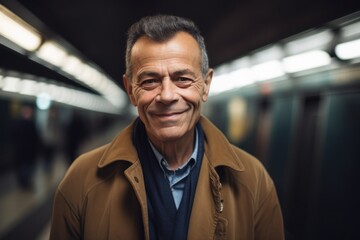 Portrait of smiling senior man in subway train, looking at camera