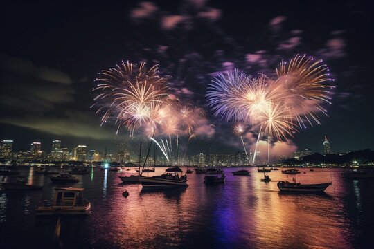 A skyline city enjoys a colorful display of fireworks on its waterfront while boats gather to appreciate the show. Generative AI