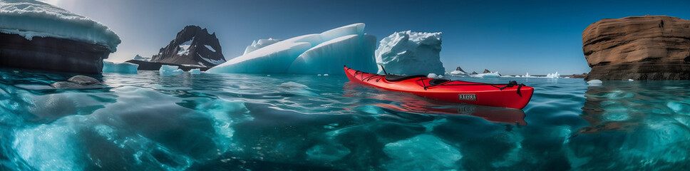 kayak with icebergs through the waters and sky, in the style of impressive panoramas, crimson and aquamarine, photo-realistic techniques, adventurecore, wildlife photography