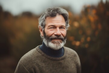 Portrait of a senior man with gray hair and beard in autumn park