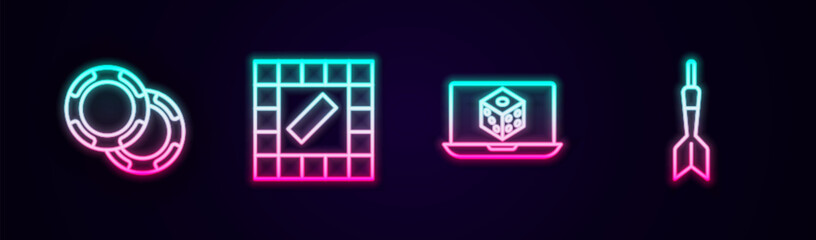Set line Casino chips, Board game, Game dice and Dart arrow. Glowing neon icon. Vector