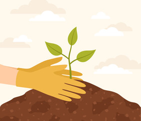 Fototapeta na wymiar Hands in yellow rubber gloves planting a seedling in the ground. Vector illustration in flat style