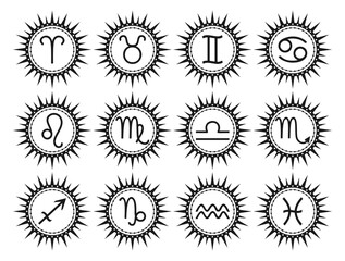 Set of black zodiac signs on a white background. Vector astrological icons