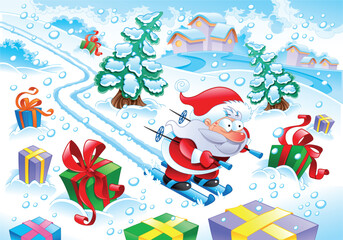 Fototapeta premium Santa Claus in the snow - funny cartoon and vector christmas scene.