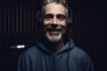 Obraz premium Portrait of a happy mature man with headphones listening to music.