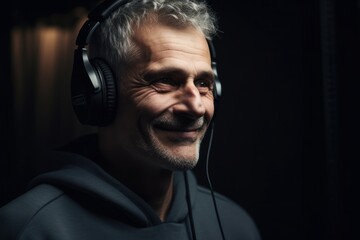 Obraz premium Portrait of a smiling senior man listening to music with headphones.