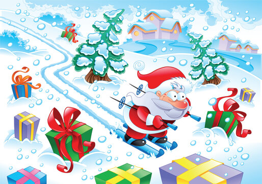 Santa Claus in the snow - funny cartoon and vector christmas scene.