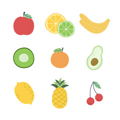 Natural doodle fruits are tropical. Vegetarian food. A set of vector isolated icons