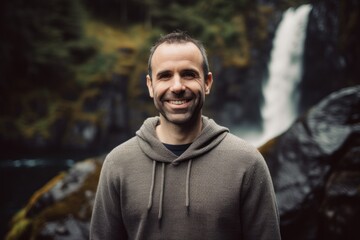 Portrait of a smiling man in front of a waterfall in Norway