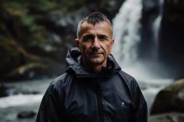 Portrait of a senior man standing in front of a waterfall.