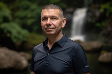 Portrait of a handsome mature man standing in front of a waterfall