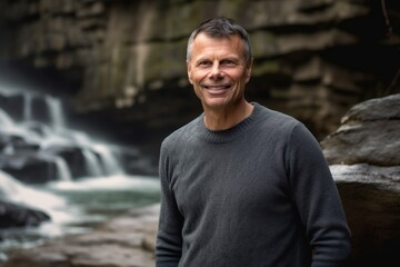 Portrait of smiling mature man standing in front of waterfall and looking at camera