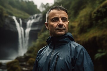 Portrait of a man in a blue jacket against the background of a waterfall