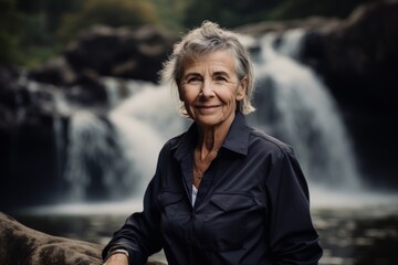 Medium shot portrait photography of a pleased woman in her 50s wearing a smart pair of trousers against a waterfall background. Generative AI