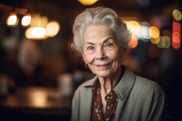 Portrait of a smiling senior woman in a cafe at night.