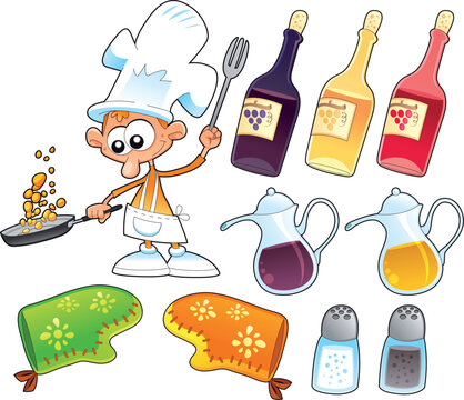 Cook and kitchen objects. Funny cartoon and vector illustration