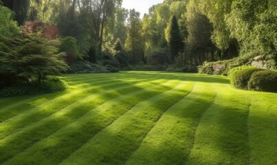 Naklejka premium Green mowed lawn in a large garden or in a park, plant care in parks, Landscaping, generative AI