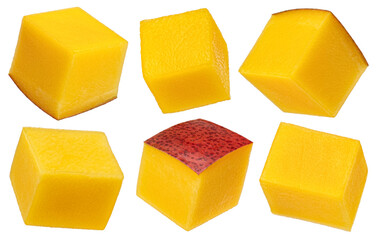 Mango cube slices isolated on white background