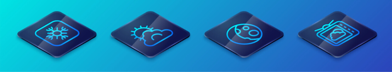 Set Isometric line Moon phases, Snowflake, Weather forecast and Sun and cloud weather icon. Vector