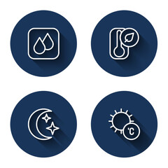 Set line Water drop, Thermometer, Moon and stars and Sun with long shadow. Blue circle button. Vector