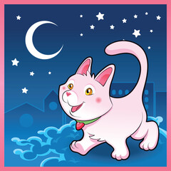 Baby pussy cat in the night, cartoon and vector illustration