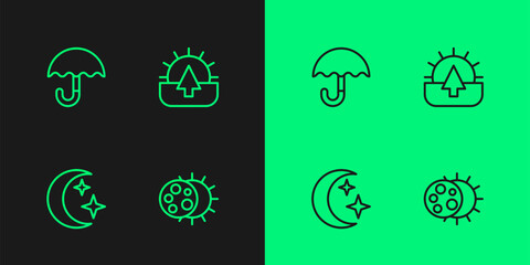 Set line Eclipse of the sun, Moon and stars, Umbrella and Sunrise icon. Vector