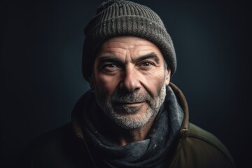 Naklejka na ściany i meble Lifestyle portrait photography of a pleased man in his 50s wearing a warm beanie or knit hat against a chalkboard or blackboard background. Generative AI