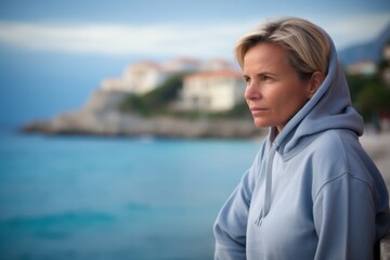 Fototapeta premium Portrait of a woman with blond hair in a blue hoodie