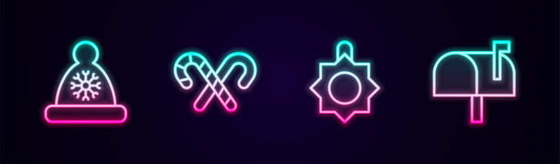 Set line Christmas Santa Claus hat, Candy cane with stripes, toy and Mail box. Glowing neon icon. Vector