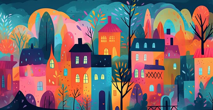 cute fairytale children book style illustration landscape art, cute colorful fairytale village, Generative Ai