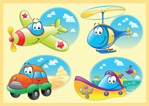 Family of vehicles with background. Cartoon and vector illustration