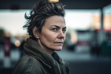Portrait of a middle-aged woman in a black jacket on the street