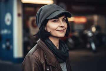Fototapeta premium Portrait of a beautiful young woman in a hat on the street