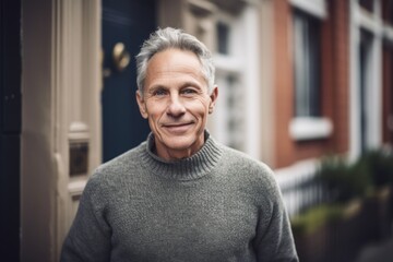 Portrait of a smiling senior man standing outside in a residential area