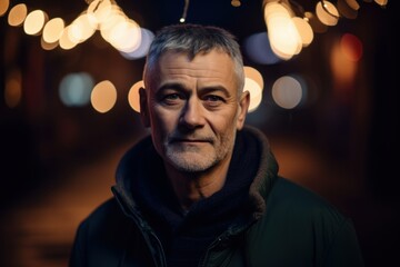 Fototapeta premium Portrait of a senior man in the city at night with lights in the background.