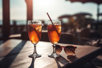 Two cocktails and sunglasses at a beach restaurant, honeymoon