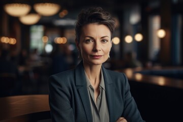 Portrait of mature businesswoman sitting in cafe and looking at camera