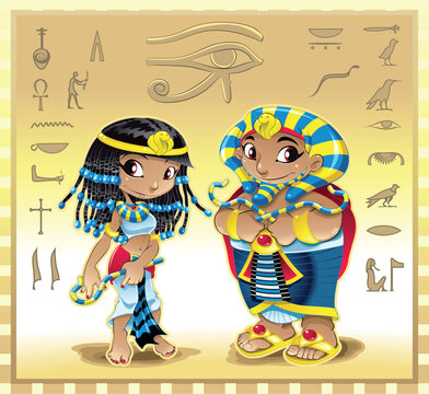 Cleopatra and Pharaoh - cartoon and vector characters with Background