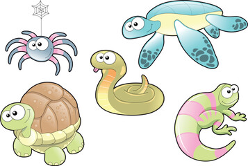 Reptiles and Spider, Family, vector and cartoon characters