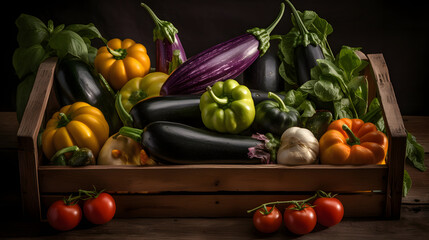 Rustic Wooden Crate Filled with Assorted Garden Vegetables - Perfect for Farm-to-Table Decor and Food Themes, generative AI