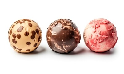 Set of four various ice cream balls or scoops isolated on white background, generative AI