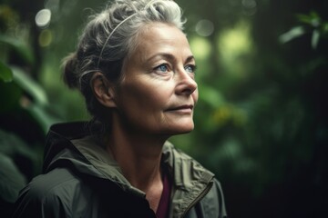 Portrait of a middle-aged woman in a rainforest.