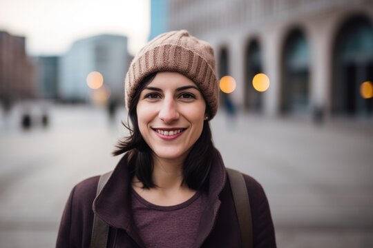 young beautiful hipster woman in the city at night wearing a hat