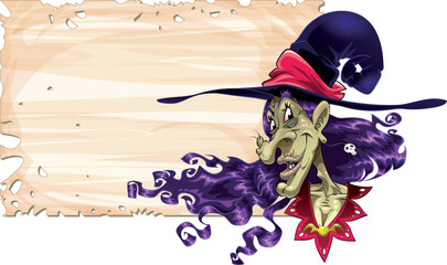 Funny witch with paper. Cartoon and vector character