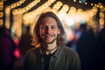 Portrait of a handsome young man with long hair in a nightclub