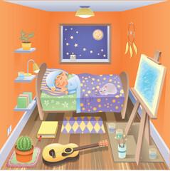 Boy is sleeping in his bedroom, cartoon and vector scene