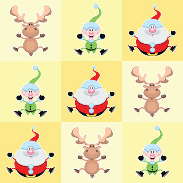 Christmas cartoon characters in a yellow square. Vector illustration