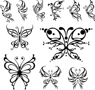 Butterfly tattoo. Vector Illustration, isolated black and white objects.